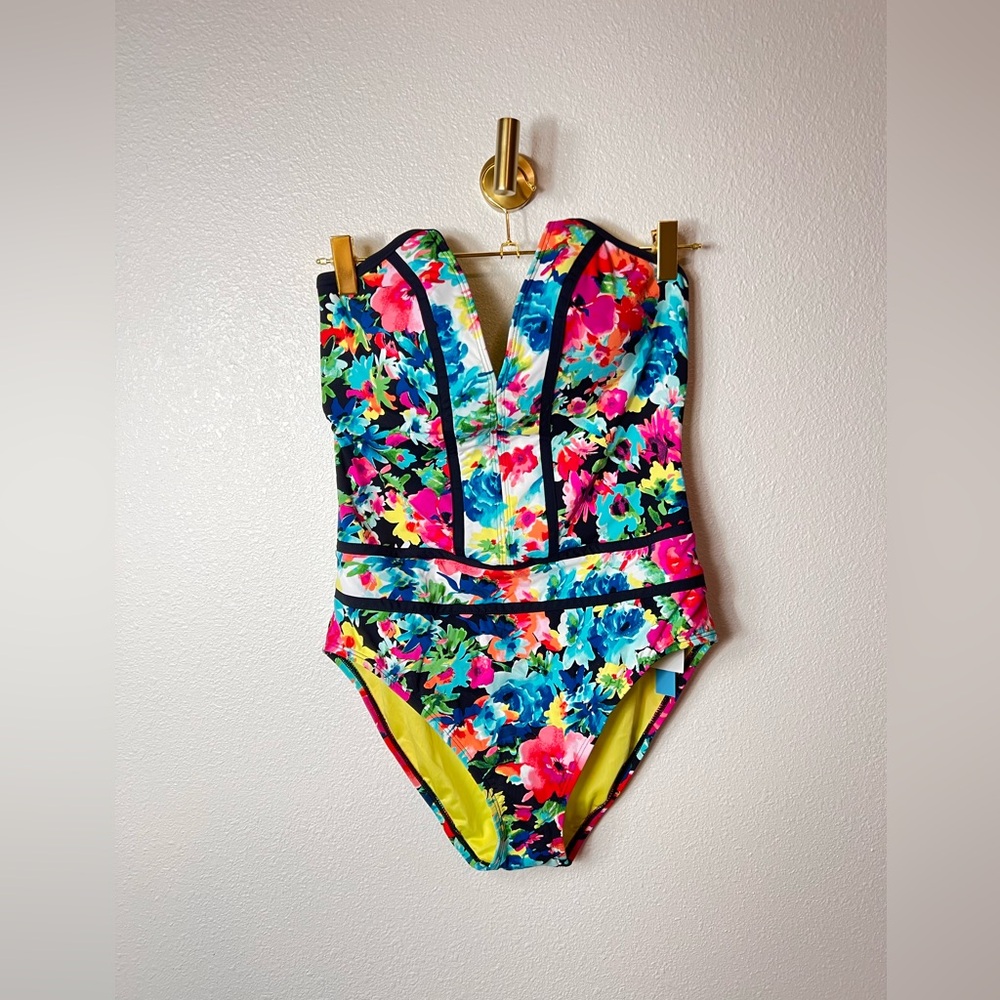 Bleu Rod Beattie NWT Deep Plunge Halter Floral One Piece Swimsuit Size 10 - Picture 2 of 10